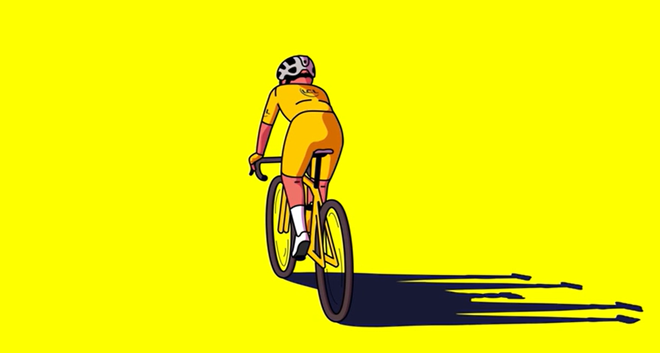 Minimalist illustration of a person riding a bicycle, seen from behind, against a bright yellow background. The cyclist is wearing yellow clothing and a helmet, and casts a long dark blue shadow to the right.