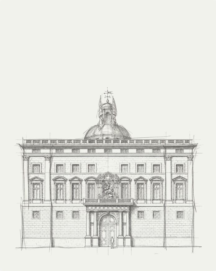 Realistic black and white drawing of the façade of the Palau de la Generalitat