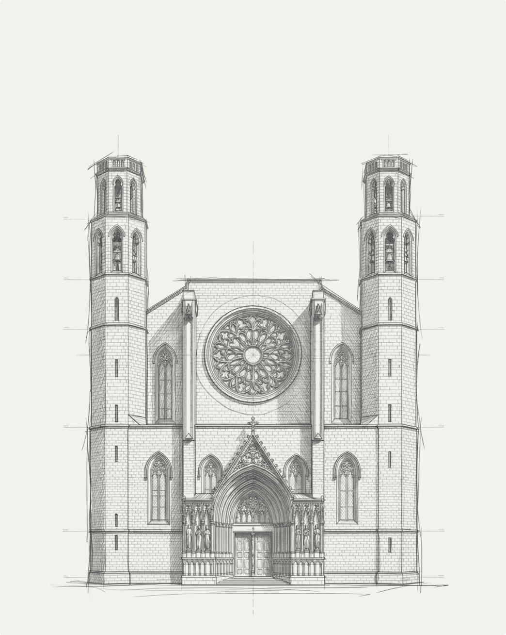 Dibujo realista en blanco y negro de la fachada de Santa María del Mar