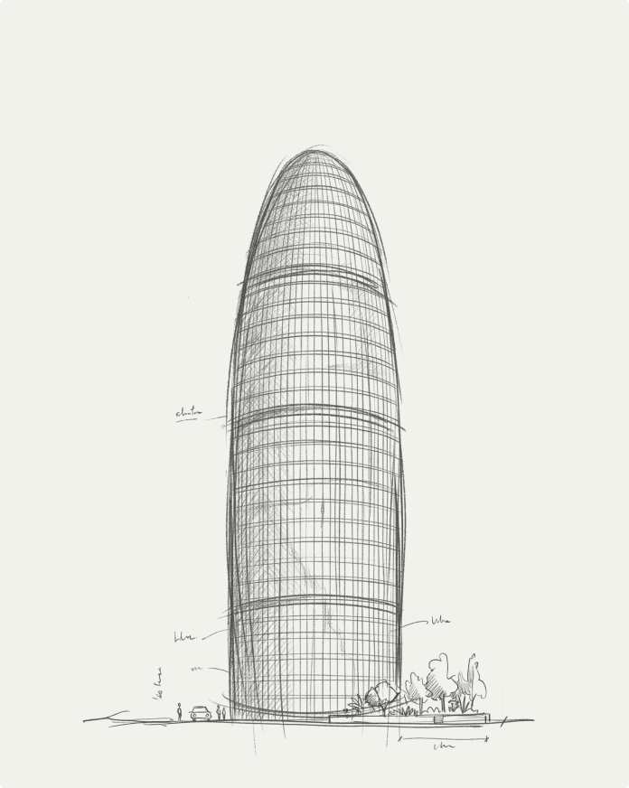 Dibujo realista en blanco y negro de la Torre Glòries
