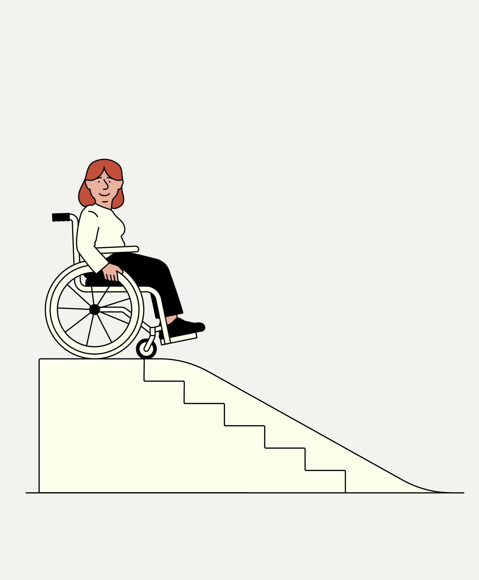 Person in a wheelchair next to an accessible ramp alongside a set of stairs.