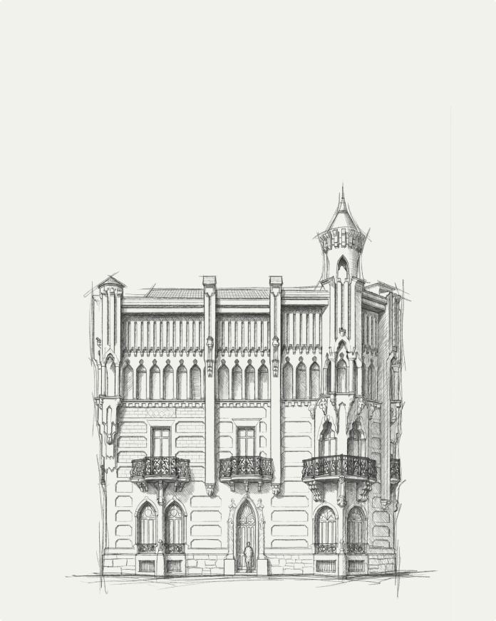 Dessin réaliste en noir et blanc de la Casa Vicens