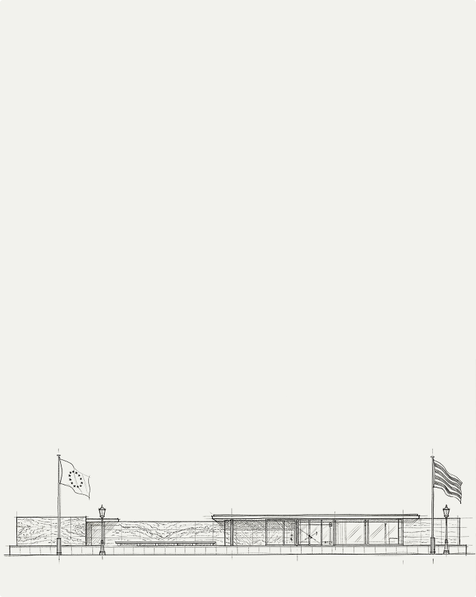 Dessin réaliste en noir et blanc du Pavillon Mies van der Rohe
