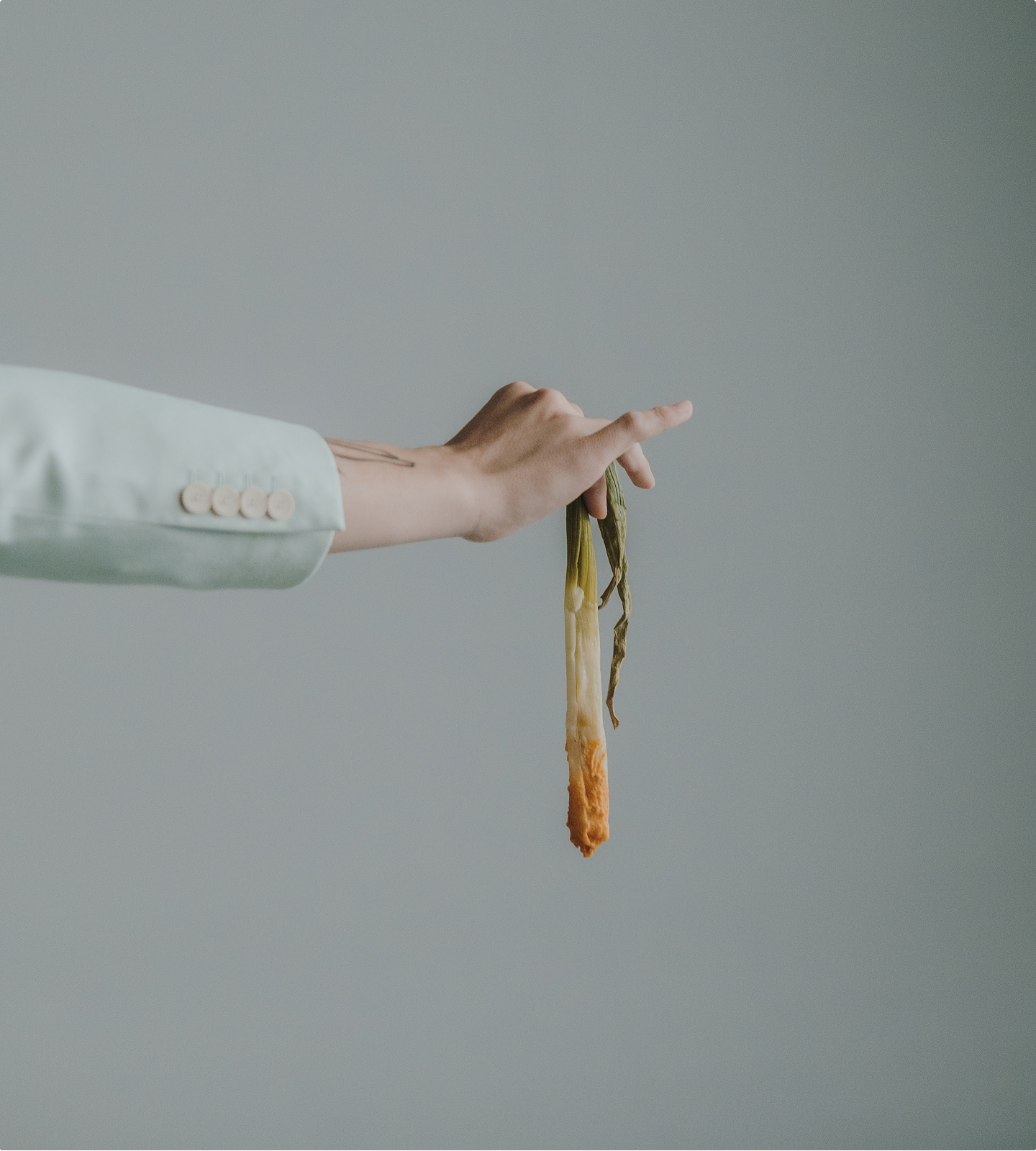 The arm of a person wearing a jacket with light-colored sleeves holds a calçot dipped in sauce. The background is smooth and neutral, light gray in color.