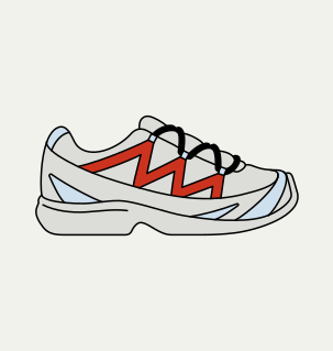 Minimalist illustration of a grey walking sneaker with a red stripe, seen in profile