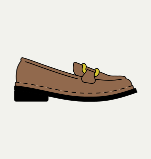 Minimalist illustration of a brown loafer with a buckle, seen in profile