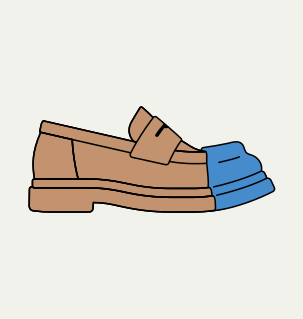 Minimalist illustration of a brown loafer without a buckle with a blue toe, seen in profile