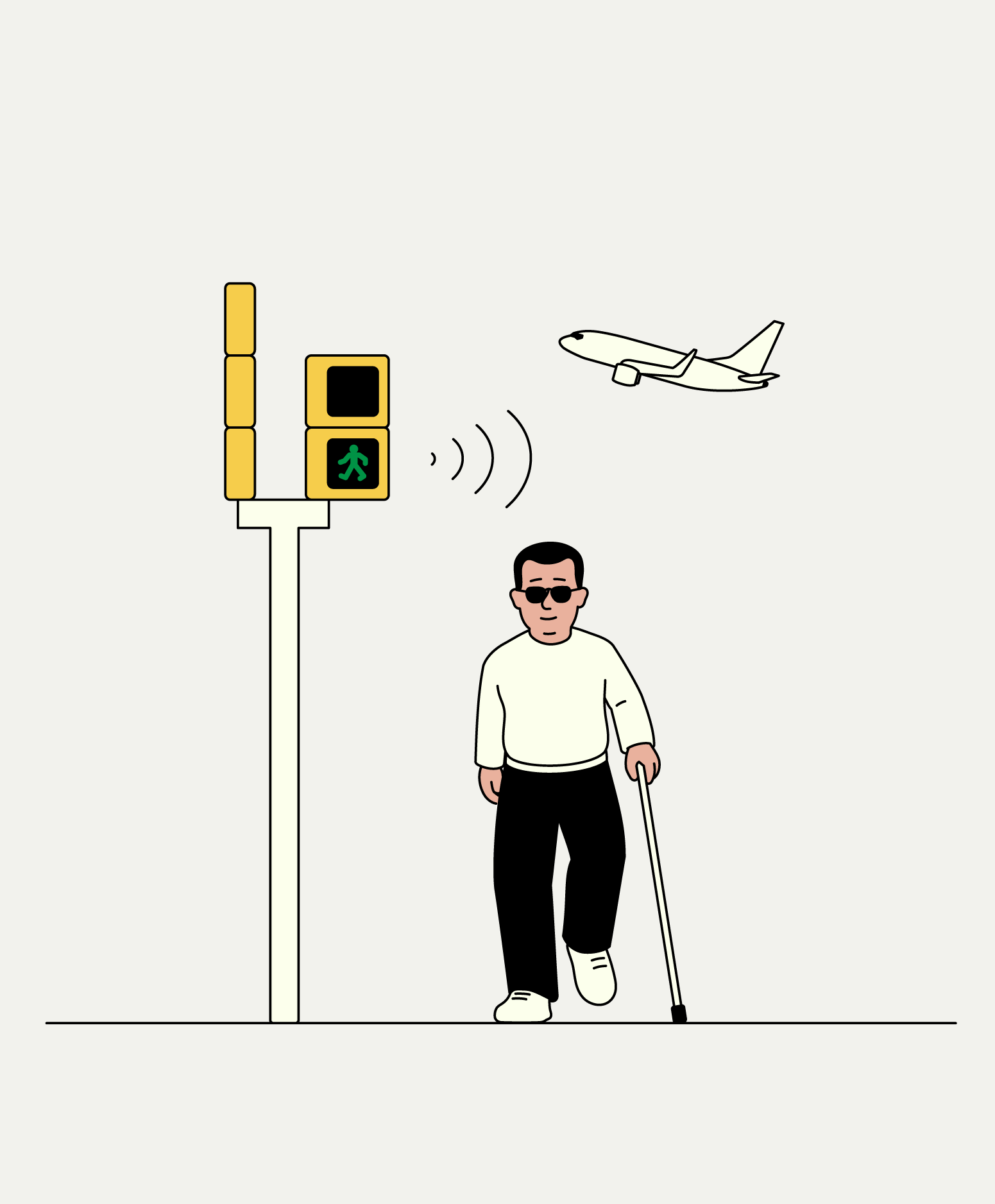 Person with a white cane crossing at a pedestrian signal with audio cues while an airplane flies overhead.