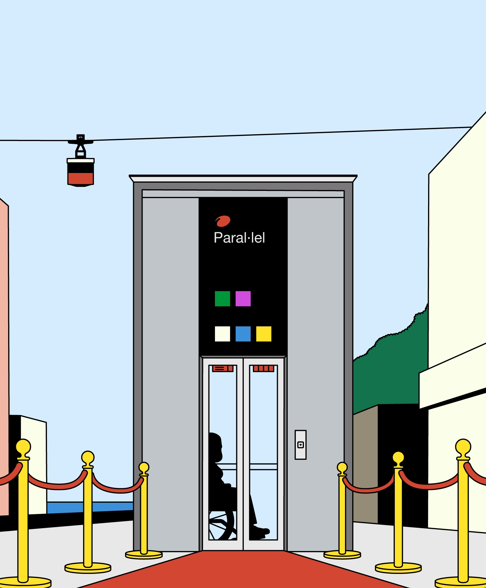 Accessible lift at the Paral·lel metro station with a person in a wheelchair inside and step-free access.