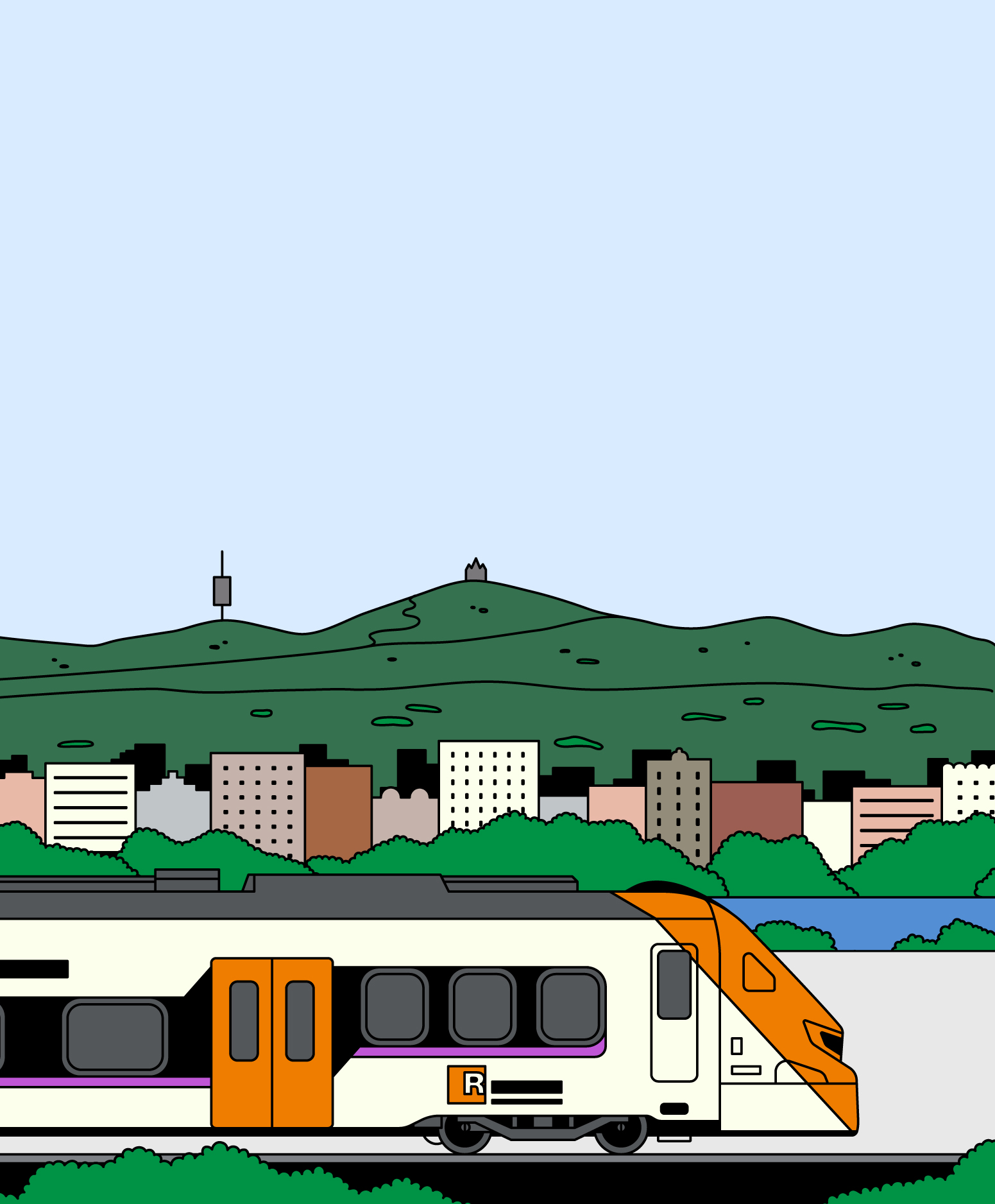 Minimalist flat illustration of a commuter train in side view, with characteristic colors: white, orange, and purple. In the background, geometric minimalist apartment blocks and, behind them, mountains, with the Collserola Tower and the Temple Expiatori del Sagrat Cor. 