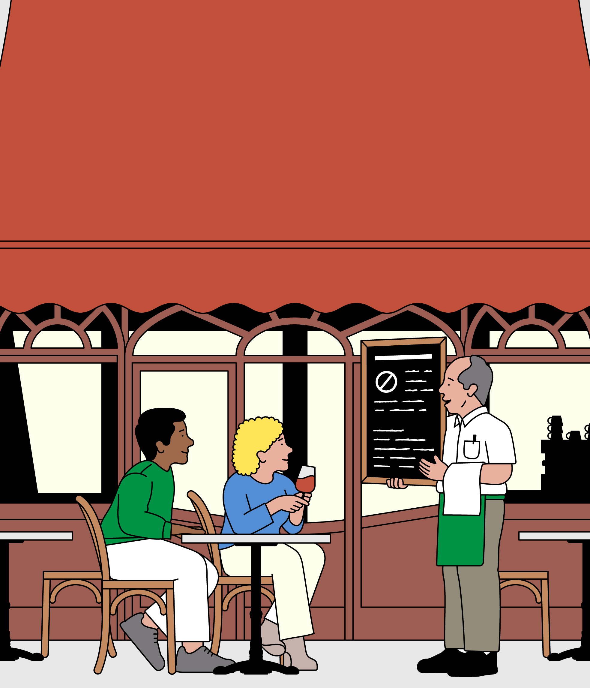 Il·lustració de colors plans d’una terrassa de cafè: una parella asseguda en una taula escolta un cambrer que, dret, els mostra una pissarra amb el menú. La dona sosté una copa de vi i tots dos semblen atents a l’explicació. L’entorn té grans finestrals i un tendal vermell. 