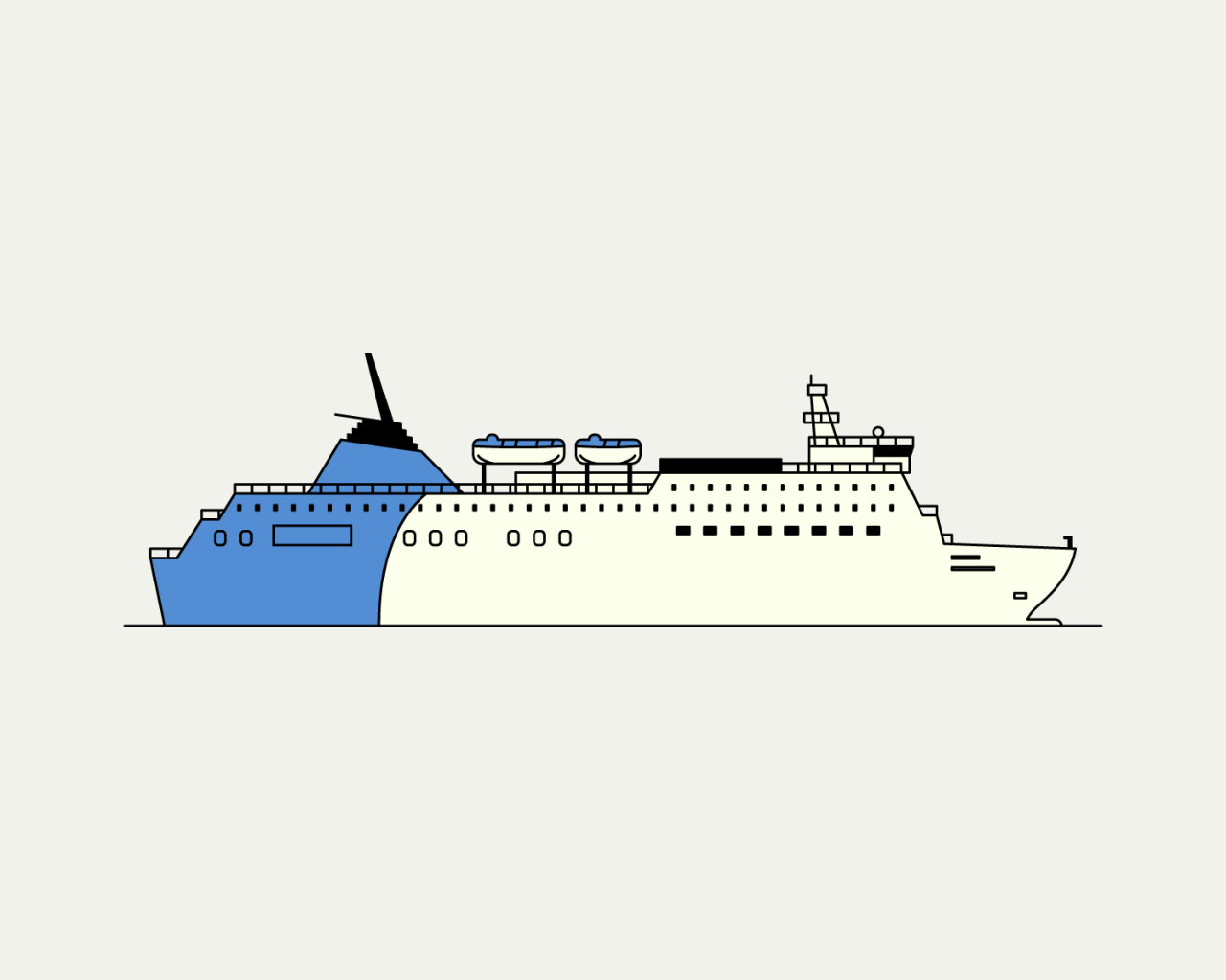 Il·lustració minimalista i plana d'un vaixell de creuer vist de perfil. El vaixell és de color blanc amb detalls blaus.