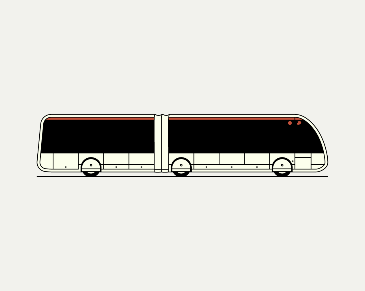Minimalist flat illustration of an articulated city bus in side view, white, black, with red details. 