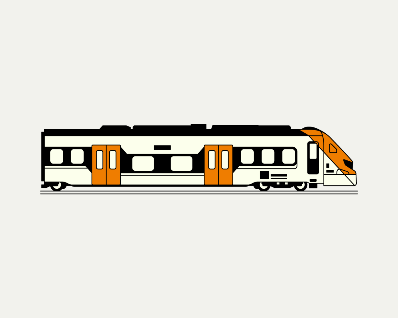Minimalist flat illustration of a train in side view, white with orange details. 