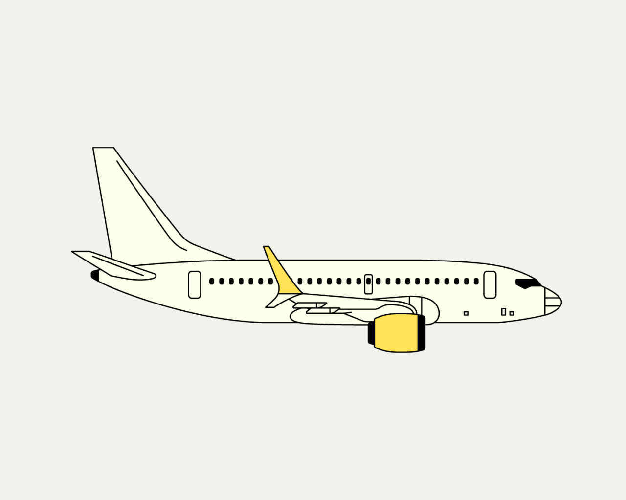 Ilustración minimalista y plana de un avión comercial visto de perfil, de color blanco con detalles amarillos.